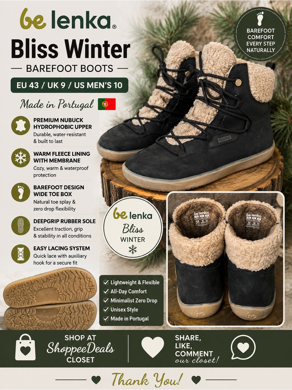Be Lenka Bliss Barefoot Winter Boots – Black Hydrophobic Nubuck US Men’s 10